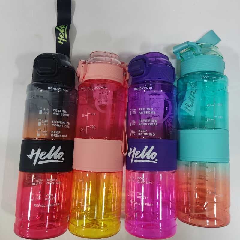 342-8 g31 قمقمه یک لیتری کمرسیلیکونی شفاف رنگی hello